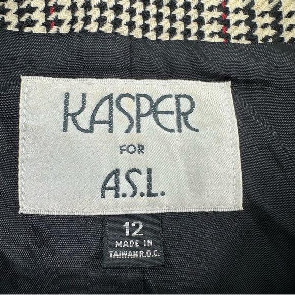 Kasper For ASL Black Houndstooth Blazer Jacket Size 12 Wool Blend Lined Padded - Picture 4 of 10